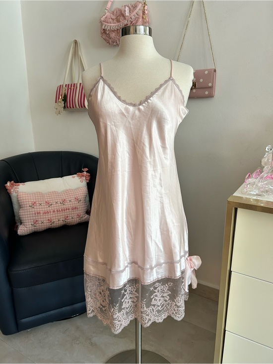 Colesce Couture Other - Vintage Bow Coquette Silky Lace-Trim Pink Slip Dress - Women's Intimates